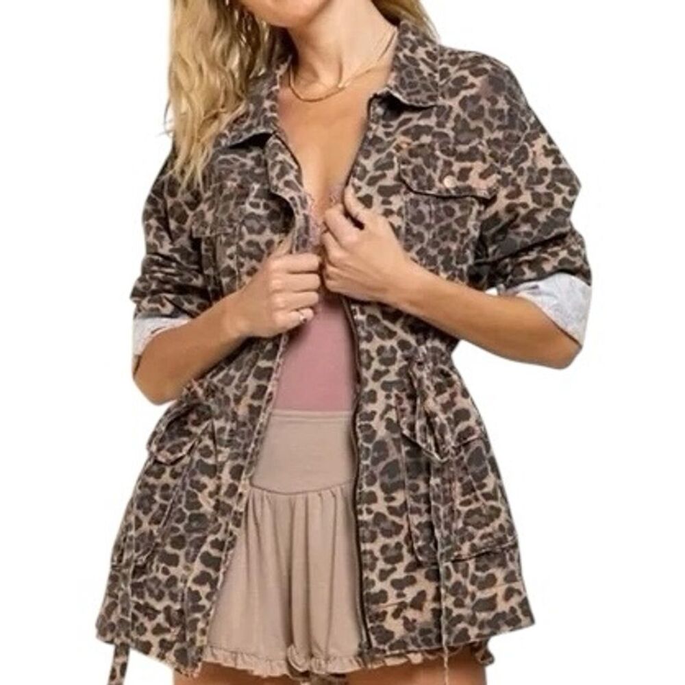 POL Women's Leopard Cheetah Print Distressed Cargo Jacket Size L